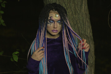 space fantasy cyberpunk girl, an alien in the future with pigtails on her head