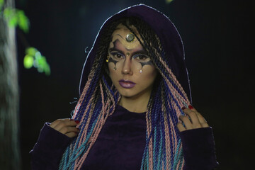 space fantasy cyberpunk girl, an alien in the future with pigtails on her head