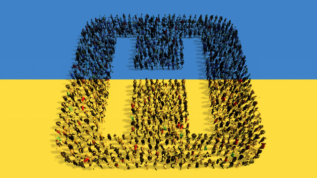 Concept or conceptual large community of people forming the hospital sign on Ukrainian flag.  3d illustration metaphor for help with health care, medical equipment and supplies, doctors, emergency