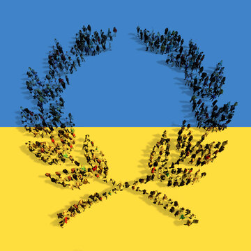 Concept or conceptual community of people forming the image of laurel wreaths on Ukrainian flag.  3d illustration metaphor for victory, winning,  success, triumph, celebration, freedom and peace