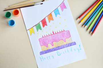 Childrens pencil drawing. Happy Birthday. Greeting card with cake and candle.