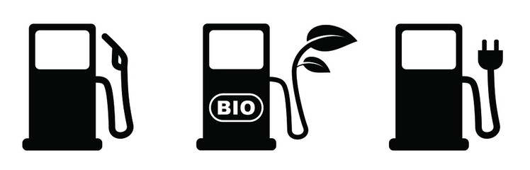 Car flling station. Petrol pump or electric plug. Electrical cable plugs with pump. electric parking, charge pin location. gas station icon. Bio fuel pump or biodiesel. 