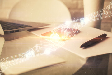 Double exposure of data theme drawing and mobile phone background. Concept of innovation