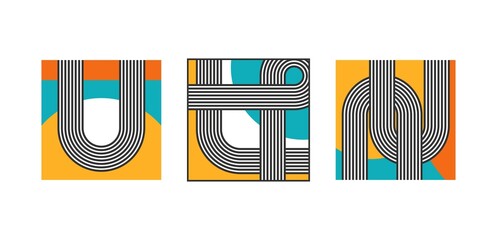 Set of three Abstract Backgrounds. Colorful modern Posters or cards. Round shapes, Lines, Curves. Geometrical Design. Minimalistic trendy concept. Square isolated Patterns. Every poster is isolated