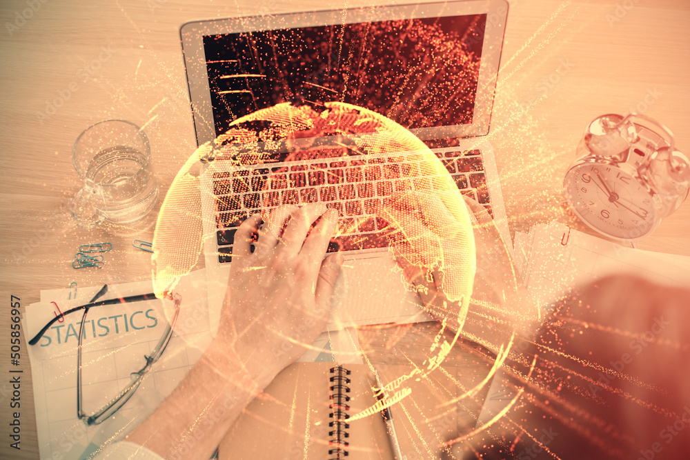 Poster Double exposure of man's hands typing over computer keyboard and social network theme hologram drawing. Top view. People connection web concept.