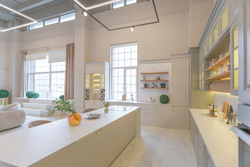 the latest fashion home trends in an ultra modern elegant interior of a cozy studio in soft pastel colors. close-ups of a stylish kitchen with an island for cooking