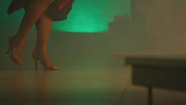 Woman dancing spanish hot dance . Professional dancer in latin dress performs dance movement by skirt . Closeup studio shot of female artist dancing inside dark place . Concept footage of dance art