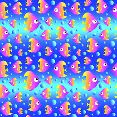 Naklejka na ściany i meble Colorful cartoon fish on bright blue background seamless pattern. Vector illustration.