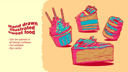 Hand drawn sweet food, cake, ice cream, donut.