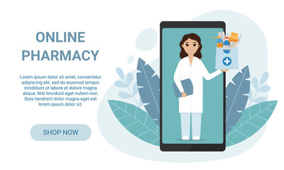 WebOnline pharmacy landing page. Female pharmacist through the phone screen holds bag with medicines inside. Home delivery pharmacy service concept