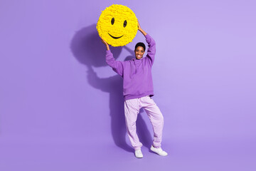 Photo of nice transgender person presenting emoji beaming smile wear sweatshirt isolated violet color background