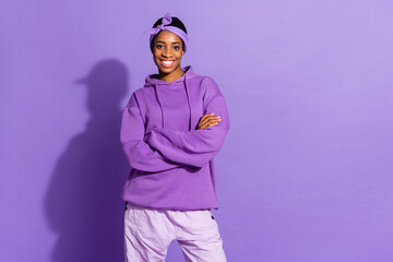 Photo of nice charming transgender folded hands beaming smile wear headband hoodie isolated purple color background