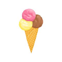 Ice cream vector icon. Three colorful ice cream balls in waffle cone isolated on white. Flat illustration of sweet food.