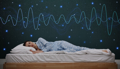 Young woman sleeping in comfortable bed. Healthy circadian rhythm and sleep habits - obrazy, fototapety, plakaty