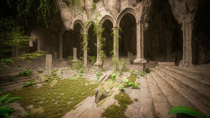 Abandoned ruins of a fantasy gothic temple or tomb. 3D illustration.