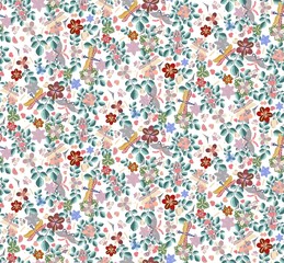 Fototapeta na wymiar Colorful seamless vector pattern in a modern floral style with insects and flowers. Modern exotic Summer floral repeat background for fabrics. Butterfly design for paper, cover, fabric, interior decor