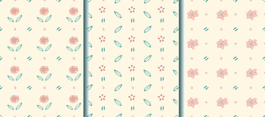 Nursery seamless patterns, set of 3. Hand drawn doodle flowers, leaf, dot, lines. Diagonal, vertical geometrical grid. Tender pastel baby color palette. Light pink easy editable background. Vector