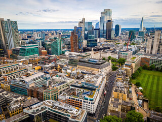 The aerial view of skyscrappers of the City of London in summer