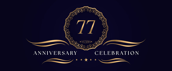 77 years anniversary celebration with elegant circle frame isolated on dark blue background. 77 years Anniversary logo. Vector design for greeting card, birthday party, wedding, event party, ceremony.