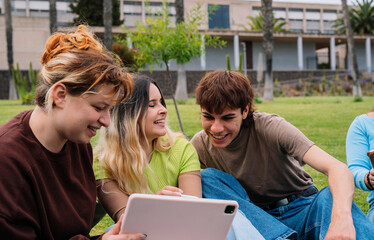 Group of college students using tablets on campus grass