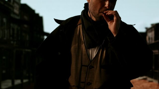 Portrait of cowboy smoking a cigar, old wild west city in the background. Spaghetti, macaroni western style cinematic footage