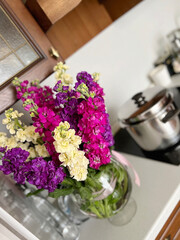 flower levkoy or mattiola. bouquet of flowers in the kitchen. flowers in the interior