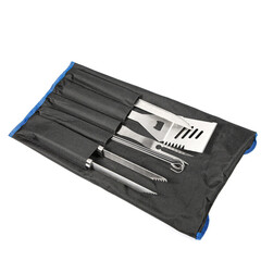 New barbecue set with skewers, forks and knives in a fabric case with a handle on a white background