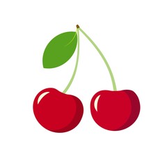 Vector illustration of ripe juicy sweet cherries on stem with green leaf. Healthy diet summer berries fruits vitamins. Icon sticker design element