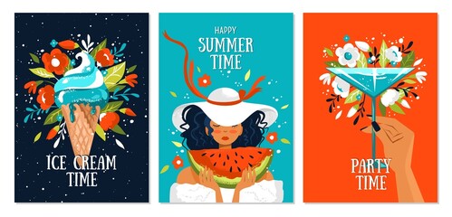 Set of summer postcards with woman in a hat with a watermelon, ice cream, watermelon fresh, leaves and flowers. Summer mood illustration. Holliday, party, vacation, travel.