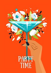 Summer postcard with cocktail in a hand, flowers and leaves. Summer mood illustration. Vector template for card, poster, flyer, banner and other