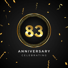 83 years anniversary celebration with circle frame and gold confetti isolated on black background. 83 years Anniversary logo. Vector design for greeting card, birthday party, wedding, event party.
