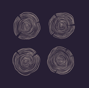 Linear hand drawn illustrations - annual rings. Stump Rings. Wooden logo examples. Natural material. Design elements. Perfect for interior designers, furniture, eco, factory