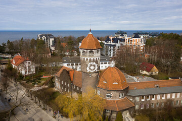 Water tower of Svetlogorsk in springtime, view from drone