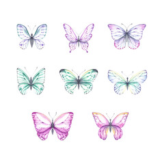 Naklejka na ściany i meble Watercolor set of butterflies on a white background