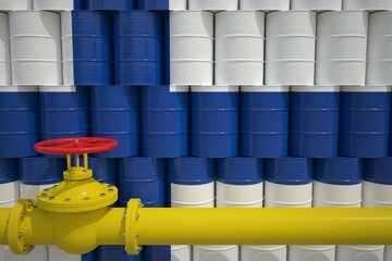 Many barrels with petrochemicals with flag of Finland and gas pipe. 3d rendering