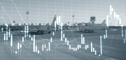 Financial growth graph. Sales increase on airport and aircraft background.