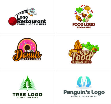 Vector illustration of modern logo various symbol such as restaurant label chicken astronaut, vegetable foods with bread French fries and rice bowl, donuts, tree pine penguin and fork combination mark