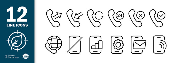 Handset set icon. Dialed, received, rejected, missed call. Call back. Around the clock, setting, message, phone, etc. Conversation concept.