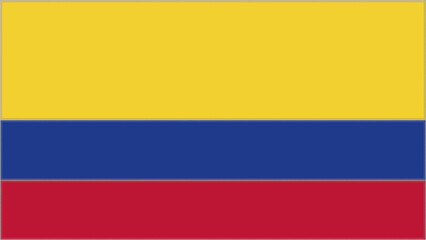 Colombia embroidery flag. Colombian emblem stitched fabric. Embroidered coat of arms. Country symbol textile background.