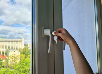 Window lock with key for home security closeup