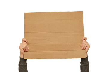 Posters of cardboard in his hands. Isolated on white. Copy space.