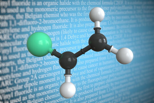 Molecular model of fluoroethylene, 3D rendering
