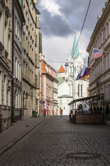 Naklejka na ściany i meble Colorful streets of Riga old town, Latvia