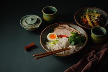 Asian noodle soup on table, ramen with pork, vegetables and egg in a bowl. Copy space