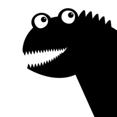 Monster silhouette in the corner. Black Funny cute cartoon kawaii baby character. Dinosaur monsters. Happy Halloween. Tooth fang, tongue, horns. Flat design. White background. Isolated