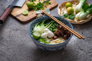 Traditional asian noodle soup with bok choi and chicken in ceramic bowl.