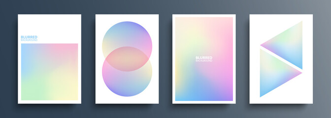 Set of geometric shapes with light abstract blurred color gradients. Holographic effect. Futuristic templates collection for brochures, posters, banners, flyers and cards. Vector illustration. - obrazy, fototapety, plakaty