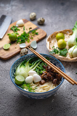 Traditional asian noodle soup with bok choi and chicken in ceramic bowl.