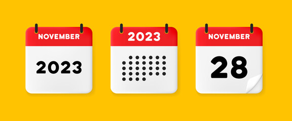 Calendar set icon. Calendar on a yellow background with Twenty eight november, 2023, 28 number text. Reminder. Date menegement concept. Vector line icon for Business and Advertising