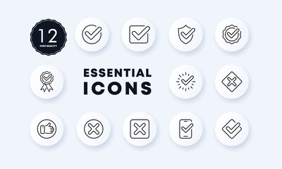 Check mark set icon. Thumb, trumb up, done approved, medal, award, success, first place, mistake, failure, cross. Infographic concept. Neomorphism style. Vector line icon for Business and Advertising